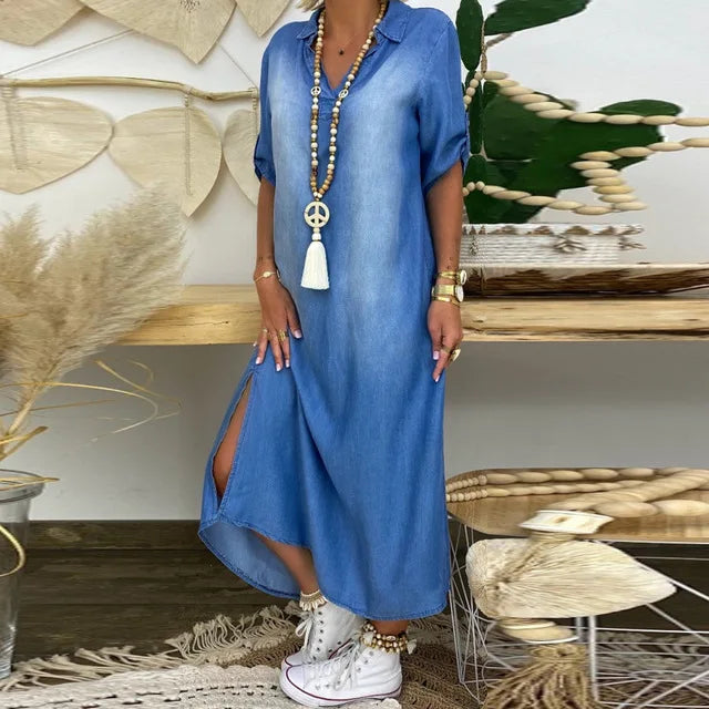 Lea™ | Longue robe effet jean avec fente latérale