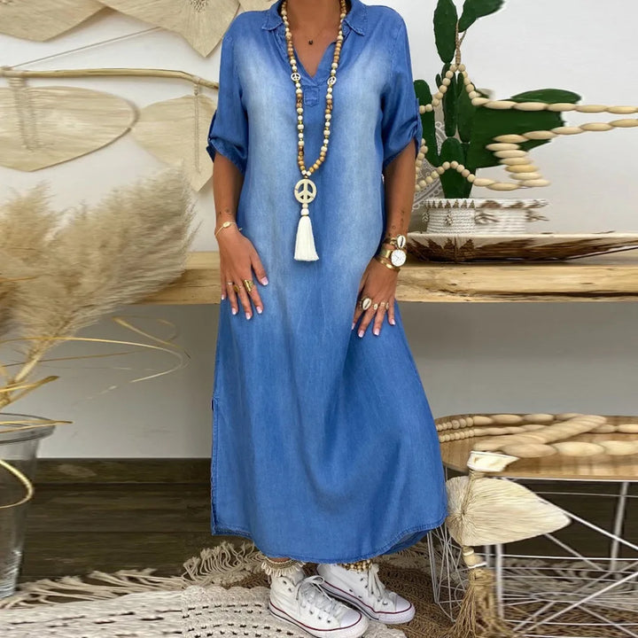 Lea™ | Longue robe effet jean avec fente latérale