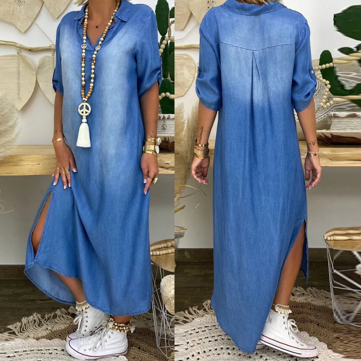 Lea™ | Longue robe effet jean avec fente latérale