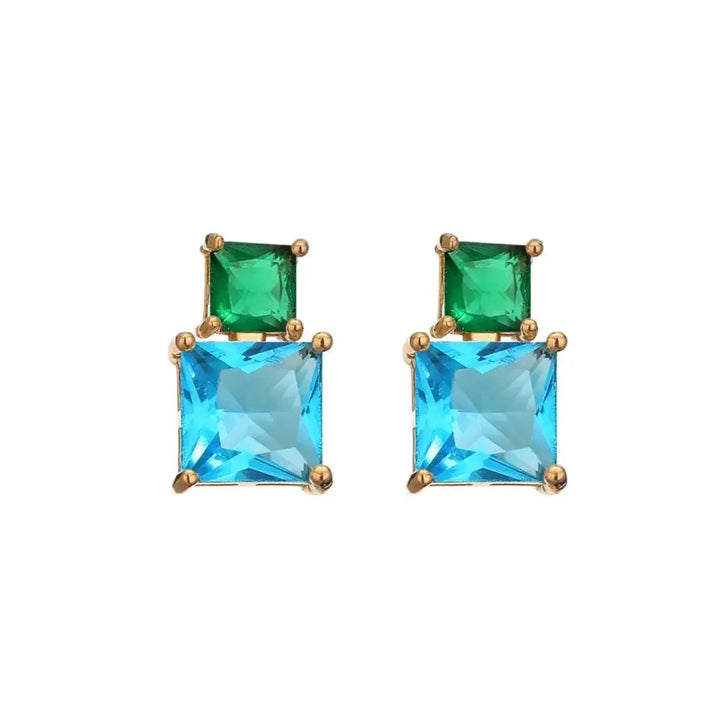 Gold-colored earrings with blue and green zirconias