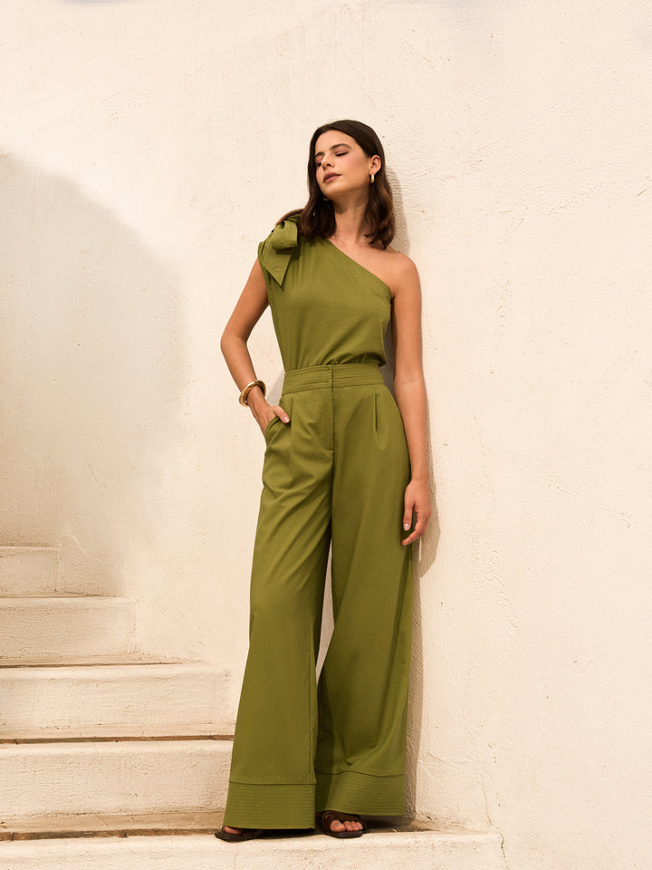 Cotton & Linen One-Shoulder Top With Pants Set
