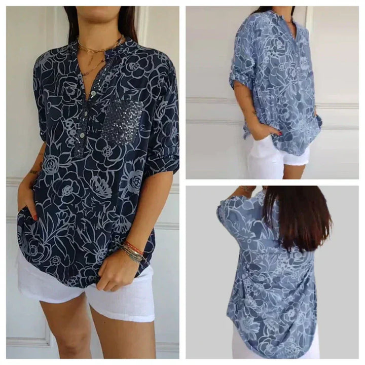 Dyan - Blouse au brillant luxueux avec col plissé
